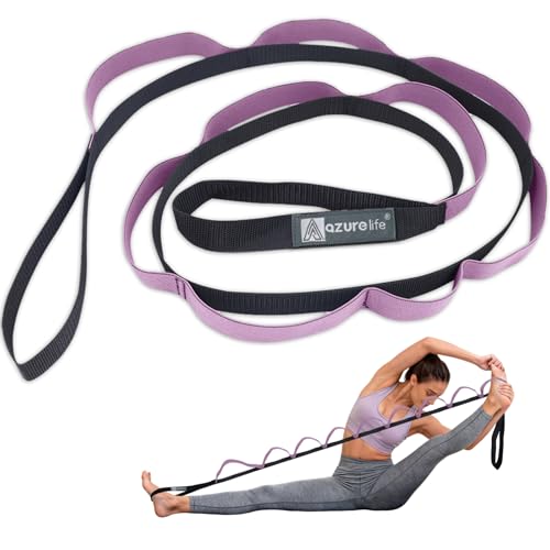 A AZURELIFE Half-Elastic Stretch Straps with 11 Loops, Stretching Strap for Physical Therapy, Multi-Loop Yoga Strap Fitness Exercise Strap for Yoga, Pilates, Dance, Flexibility&Exercise - color: Half Elastic-Purple