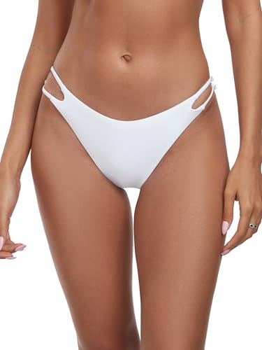 Colloyes Women's Low Waisted Bikini Bottoms Double Straps Cut-Out Cheeky - color: White, size: Medium
