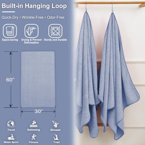JML Microfiber Bath Towels, 2 Pack, 30x60 in, Fine Wave Blue | Soft, Super Absorbent, Quick Dry, Lint-Free, Lightweight Bathroom Towel with Hanging Loop for Daily Use - color: Cationic Fine Wave Blue, size: 30 in x 60 in