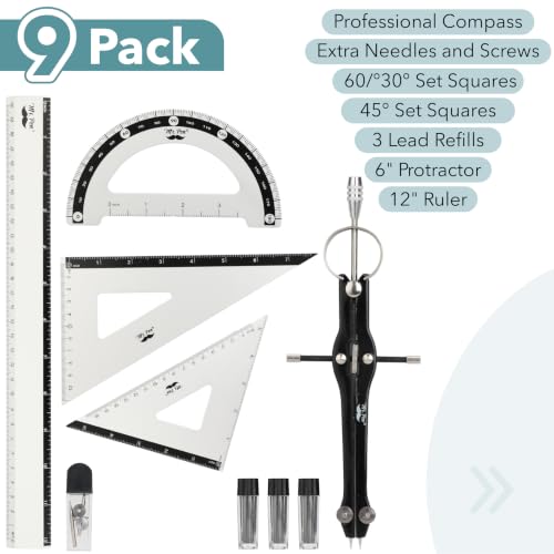 Mr. Pen- Metal Geometry Set, 9 pcs, Compass, 6" Protractor, 12" Ruler | 45° & 30°/60° Set Squares, Lead Refills, Metal Drafting Tools for Technical Drawing, Math, Engineering & Architecture