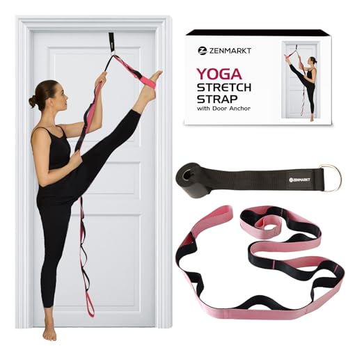 10-Loop Yoga Strap with Door Anchor for Stretching & Flexibility - color: Pink