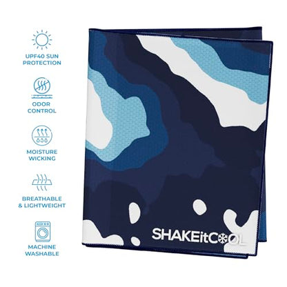 SHAKEitCOOL Extended Size Cooling Towel – Be Cool in Style - Heat Relief, Soft, Lightweight, Sun Protection, Easy Clean - Perfect for Biking, Hiking, Running, Yoga, Golf, Gardening - Blue Ocean M - color: Blue Ocean