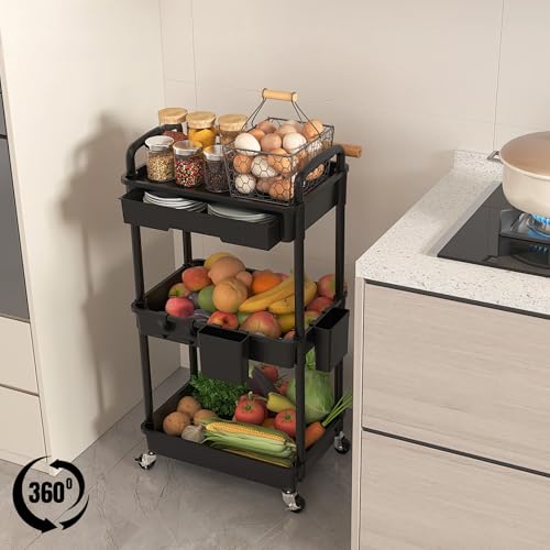 3 Tier Rolling Utility Cart with Drawer, Plastic Storage Organizer Rolling Carts with Wheels Handles Hanging Cups Hooks for Office, Bathroom, Kitchen,Craft Art Room (Black) - color: Black, size: 3-Tier
