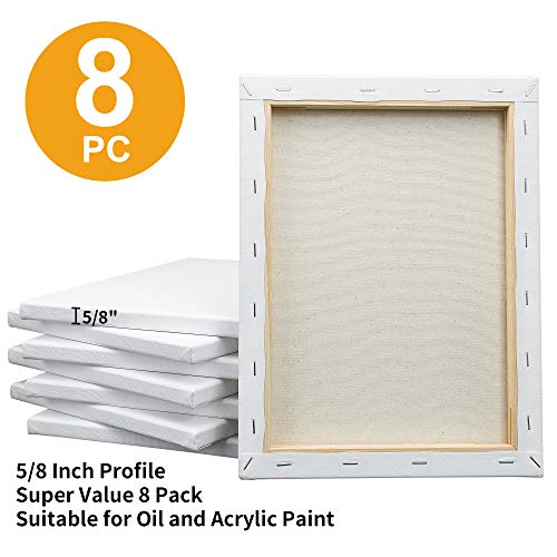 Stretched White Blank Canvas - 9x12 Inch, Bulk Pack of 8, Primed,100% Cotton, 5/8 Inch Profile of Super Value Pack for Acrylics,Oils & Other Painting Media. - size: 9"x12"