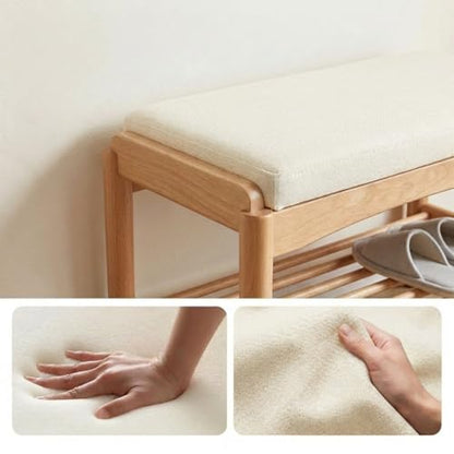 Oak Wood Shoe Bench, 24 Inch Entryway Bench with Light Gray Cushion - color: Natural + Light Gray Cushion, size: 23.62"