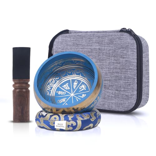 Kmise Tibetan Singing Bowls Set- Handmade in Nepal Meditation Sound Bowls for Yoga, Meditation, Mindfulness, Healing and Chakra Balancing, Stress Relief (5', Blue) - color: 5inch Blue