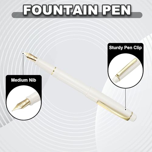 PATIKIL Fountain Pen Medium Nib, Fountain Pen Barrel Handcrafted Pen for Professional Office Journaling Gifts, White - color: White