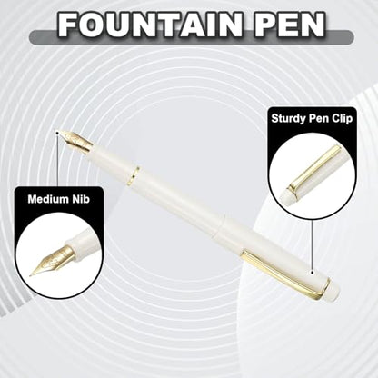 PATIKIL Fountain Pen Medium Nib, Fountain Pen Barrel Handcrafted Pen for Professional Office Journaling Gifts, White - color: White