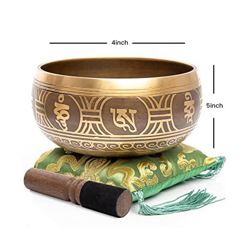 Tibetan Singing Bowl Set - Easy To Play Authentic Handcrafted For Meditation Sound Bowl Chakra Yoga Healing 4 Inches By Himalayan Bazaar (Gold & Green) - color: Gold - Green