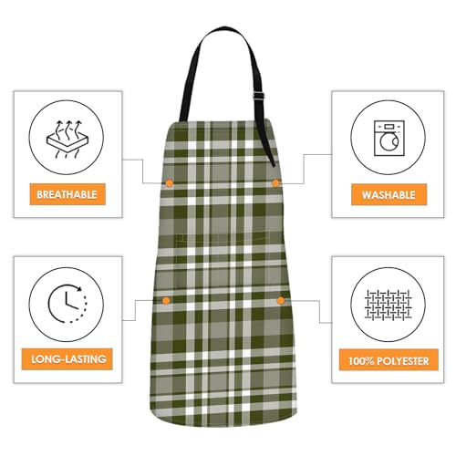 Apron with Pockets, 32x28 inch, 2 Pack, Checkered | Brown Green Plaid Grid Adjustable Bib with Pockets for Women Men Couple Lovers Chef Home Baking Gardening - color: Dark Brown Green