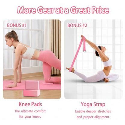 2 Yoga Blocks Supportive Accessories including 2 Knee Pads, 2 With Strap To Put Less Weight On Wrists, 1 Muscle Massage Roller, 2 Pair of Non-Slip Pilates Socks, 1 GYM Bag, Durable Versatile Yoga Brick Exercise Set of 10 - color: Pink
