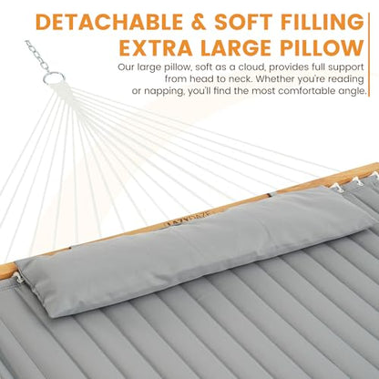 Lazy Daze 12 FT Double Hammock with Spreader Bar for Outside, Light Gray | 2 Person Heavy Duty Hammock with Detachable Pillow and Carabiners for Outdoor Backyard Poolside, 450lbs Weight Capacity - color: Light Gray