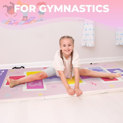 Kangaroo Hoppers Gymnastics Tumbling Mats Foldable Gym Tumble Mat for Kids - color: Pink-Hopscotch Design, size: 3×6FT×1''