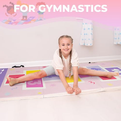 Kangaroo Hoppers Gymnastics Tumbling Mats Foldable Gym Tumble Mat for Kids - color: Pink-Hopscotch Design, size: 3×6FT×1''