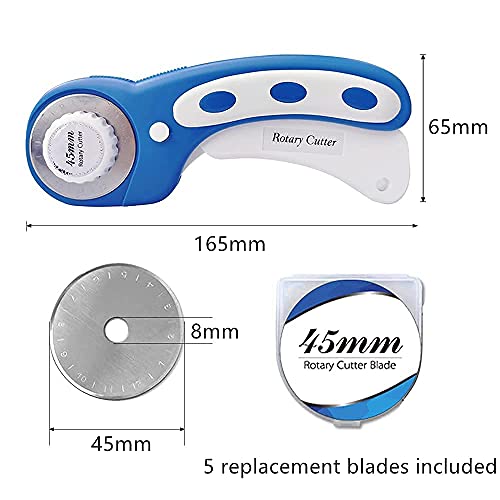 45mm Rotary Cutter with 5pcs Extra Rotary Blades, Ergonomic Rolling Cutter with Safety Lock for Fabric, Sewing, Quilting, Cloth, Paper, Leather, Crafting, Fabric Rotary Cutter(Navy Blue) - color: Blue, size: 45mm