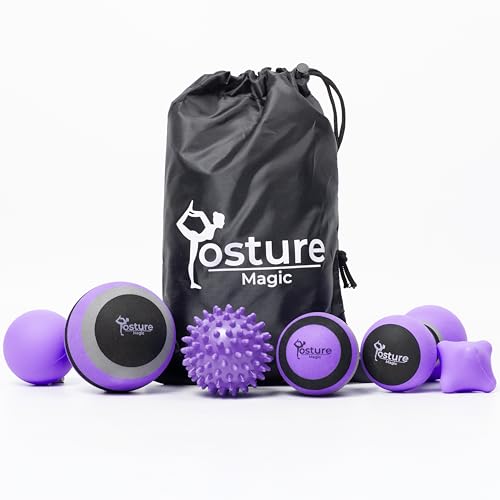 Posture Magic Massage Ball Kit for Myofascial Trigger Point Release & Deep Tissue Massage - Set of 6 - Large Foam/Small Foam/Lacrosse/Peanut/Spiky/Hand Exercise Ball (Purple) - color: Purple