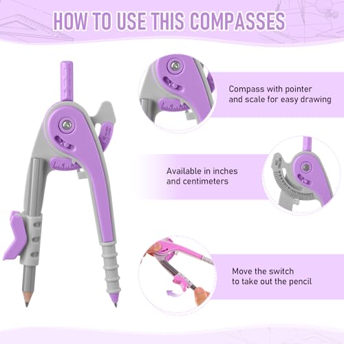 EBOOT Student Geometry Math Set, Drawing Compass and 6 Inch Clear Swing Arm Protractors 180 Degree Math Protractor (Lavender Purple) - color: Lavender Purple