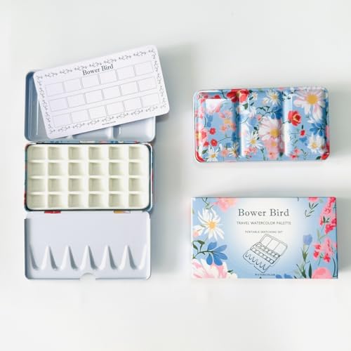 Bower Bird Travel Watercolor Palette,Portable Ceramic Palette 16 Well,Empty Paint Palette,Small Travel Metal Paint Boxwith Porcelain Palette (24Well) - size: 24 Wells
