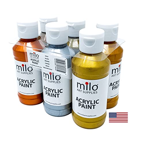 milo Metallic Acrylic Paint Set, 6 Metallic Colors, 4 oz Bottles | Safe and AP Non-Toxic, Made in the USA, Arts & Crafts Paints for Artists, Student & Hobby Painters, Paint Pack, Multi-Media - style: Metallic Set 6 x 4 oz