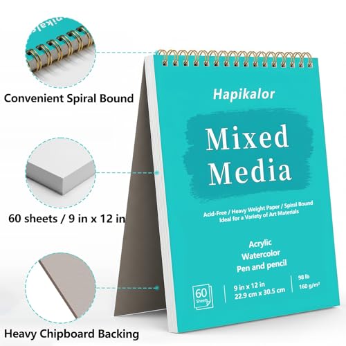Mixed Media Sketchbook 9"x12" Multimedia Sketchbook, 60 Sheets Sketch Book | Top Spiral Bound Sketch Book, 98lb/160gsm Mixed Media Paper, Watercolor Paper Sketch Pads for Drawing, Painting, Art Supplies - size: 9" x 12"(60 Sheets)