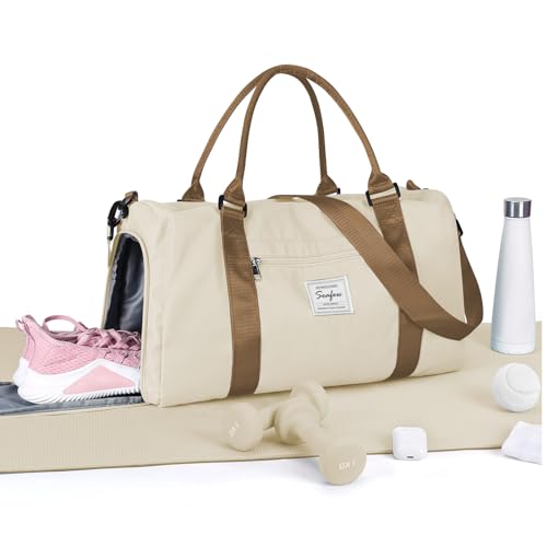 Gym Bag Womens Mens with Shoes Compartment and Wet Pocket Travel Duffel Bag for Women for Plane Sport Gym Tote Bags Swimming Yoga Small Waterproof Weekend Overnight Carry on Bag Hospital Holdalls - color: A16-Beige & Brown