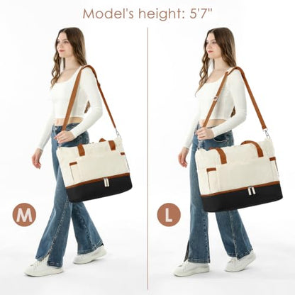 Gym Bag for Women, 45L Carry On Travel Duffel Bag with Shoes Compartment - color: White Black Brown, size: Large