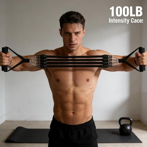 100LB Pedal Resistance Band with Handle, Portable Adjustable Tension Rope, Heavy Duty 4-Tube Full Body Exercise Equipment Set for Home Workout