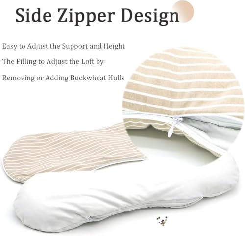 Firm Buckwheat Neck Pillow, Adjustable Height, Cervical Back Support for Neck Pain Relief, Cool Stripe Bone Shape Pillow for Recliner Sleeping, Khaki 19"X7" - color: Stripe Khaki