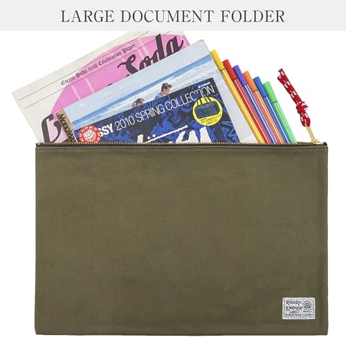 Rough Enough Important Document Storage, File Folder Organizer Pouch Green | 16oz waxed canvas, Water-Resistant nylon, YKK zipper. 16x11in fits even a tablet，Red inner lining，Office and travel