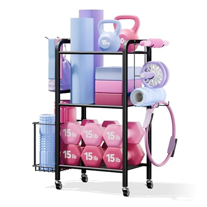 Heavy-Duty Home Gym Storage Rack with Hooks, Wheels, Workout Gear, 3-Tier