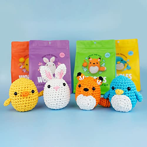 The Woobles Crochet Kit Bundle for Beginners (Penguin, Chick, Fox, Bunny) | As seen on Shark Tank, Includes: Easy Peasy Yarn, pre-started pieces, hooks, safety eyes, stuffing, video tutorials - color: Easy Peasy Beginner Bundle