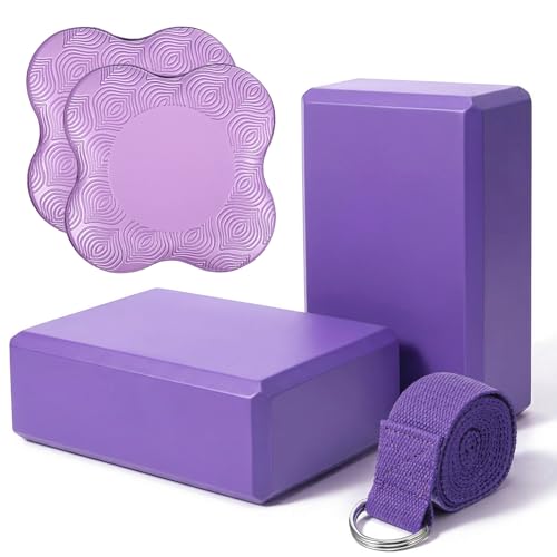 5 Pcs Yoga Blocks Knee Pads Yoga Strap Set, Soft Premium Foam Blocks Accessories for Pilates Meditation General Fitness Stability, Kneeling, Balance, Deepen Stretches and Toning (Purple)