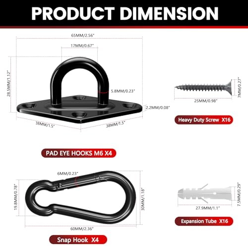 sprookber 304 Stainless Steel Pad Eye Snap Hook, M6 Ceiling Hook 800Lb,8Pcs | Hanging Kit with Screws for Hammock Chair Swing, Yoga Gym Equipment, Sun Shade Sail, Plant Hangers & Marine Boat Hardware - size: 2.3 inch, style: Black Rhombus