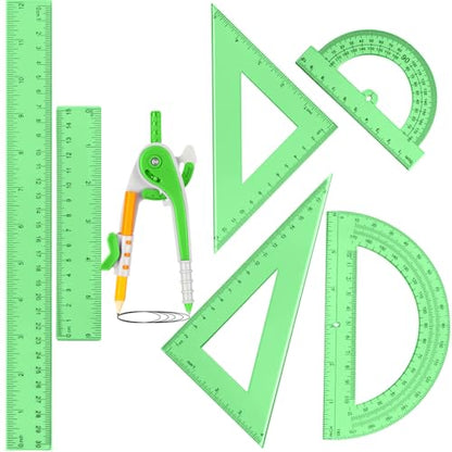 Zonon 1 Set Plastic Geometry Math Set 7 Pcs Includes 6'' / 4 '' Protractor, Drawing Compass, 45/60 Degree Triangle Rulers, 12'' / 6'' Math Ruler Transparent for Office Supplies(Green) - color: Green