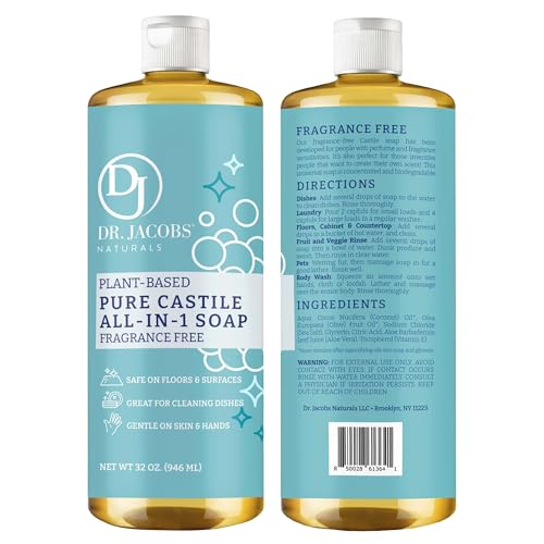 Dr. Jacobs Naturals Fragrance Free Castile All-in-One Cleaner and Soap - Plant-Based Formula for House Cleaning Floors and Appliances - Gentle on Skin and the Planet - 32 oz, 2 Pack - size: 32 Fl Oz (Pack of 2), style: Unscented