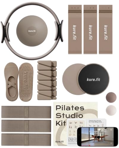 Pilates Kit | Pilates Equipment Set for Home Workouts | Accessories & Guide | Matching-color Pilates ball, Pilates ring, resistance bands, Pilates accessories, video tutorials & gift box for home use. - color: Taupe, style: Studio Kit - 15PC