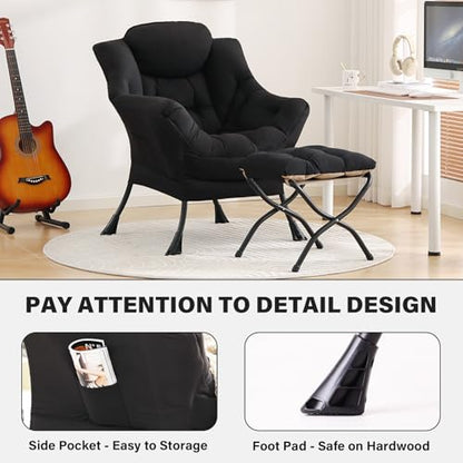 Tiita Lazy Chair with Ottoman, Comfy Reading Accent Chair, Black - color: Peach Skin Black