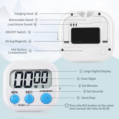 4 Pack White Digital Kitchen Timer Magnetic Digital Timer with Big Display Loud Ring Cooking Timers for Cooking, Game, Gym, Break Time, Classroom (4, White) - color: White