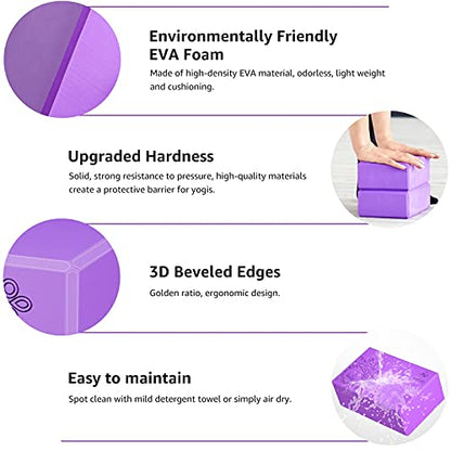 Overmont Yoga Block 2 Pack Supportive Latex-Free EVA Foam Soft Non-Slip Surface for General Fitness Pilates Stretching and Meditation 9"x6"x3" Yoga Strap Included - color: Purple