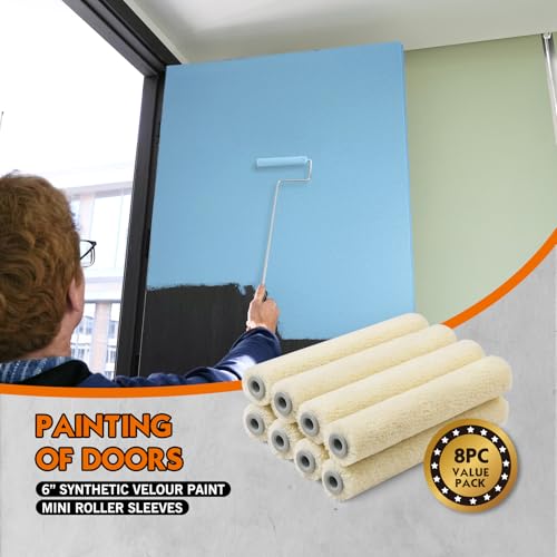 ROLLINGDOG 6" Paint Roller Covers Synthetic Velour Paint Roller | 6 inch Paint Roller Sleeves for Smooth Walls and Ceilings, 8PC, 5mm nap - color: 8PC Synthetic Velour Roller sleeves
