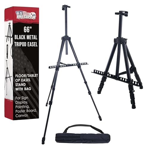 U.S. Art Supply 66" Black Metal Tripod Easel Display - Adjustable 20"- 5.5', Holds 32" Canvas - Floor/Tabletop Easel Stand, for Sign Display, Painting, Poster Board, Canvas - Portable Bag