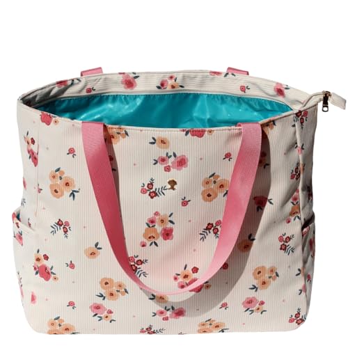 ESVAN LARGE BEACH BAG Water Resistant Lightweight 20 inch Women Oversize Tote Bag for Gym Beach Travel Pool Yoga Nurse - color: Corduroy Beige Flower