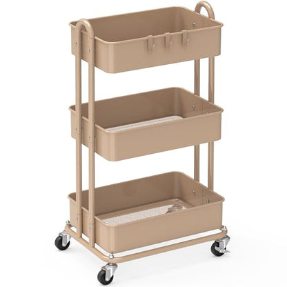 Simple Houseware 3-Tier Heavy Duty Metal Utility Rolling Cart, Khaki - color: Chrome