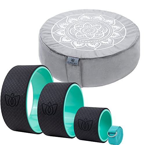 Florensi Yoga & Meditation Bundle | Grey Meditation Cushion & Yoga Wheel 3 Pack