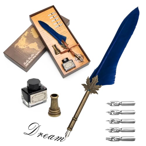 AHIER Quill Pen and Ink Set, Feather Pen Quill Pen Set Includes 5 Steel Replacement Nibs,Pen Nib Base and Dip Ink Bottle for Antique Calligraphy (Blue) - color: Blue
