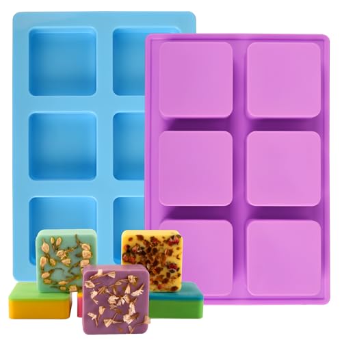 Sakolla 2 Pack Silicone Soap Molds for Soap Making, Reusable 6 Cavity Square Silicone Molds for Homemade Soap, Cake, Bread, Ice Cube - color: Square/Purple & Blue
