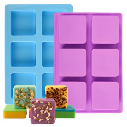 Sakolla 2 Pack Silicone Soap Molds for Soap Making, Reusable 6 Cavity Square Silicone Molds for Homemade Soap, Cake, Bread, Ice Cube - color: Square/Purple & Blue