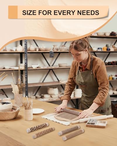 eZAKKA Pattern Rolling Pin for Pottery Ceramics and DIY Handcrafts 5 Pcs | 4.3 Inch Wooden Clay Texture Rollers Set for Embossing Modeling and Crafting - size: 5