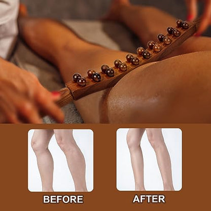 Wood Therapy Guasha Wood Stick Massage Tools, Lymphatic Drainage Massage Stick, Stomach Cellulite Massager, Myofascial Release Tool, Ease Pain Self Body Sculpting, Mountable Handle Double Row 20 Beads