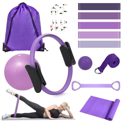 HASHMUST Pilates Ring Kit 12 PCS for Women, Home Workout Equipment with Magic Circle, Mini Exercise Ball, Resistance Bands, Massage Lacrosse, Yoga Strap, Full-Body Fitness Set for Toning & Gift - color: Purple